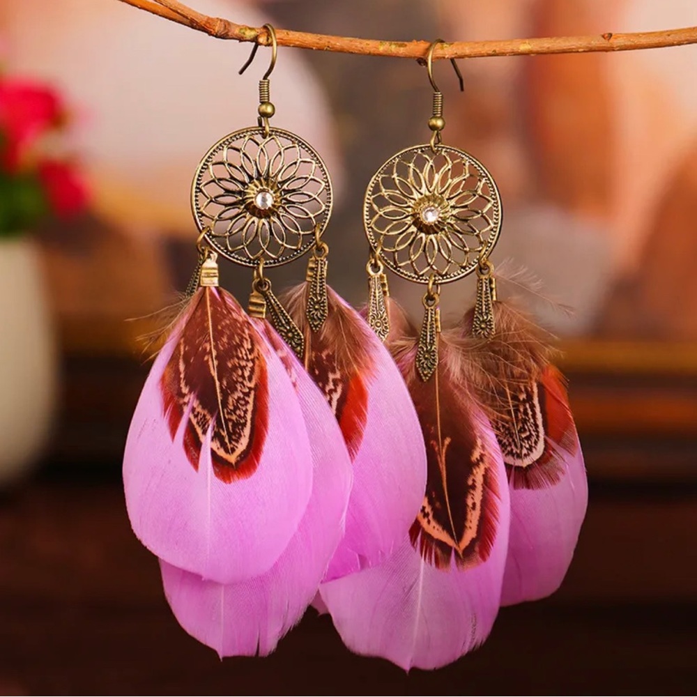 Feather Earrings Boho Drop Dangle Sunflower Lightweight